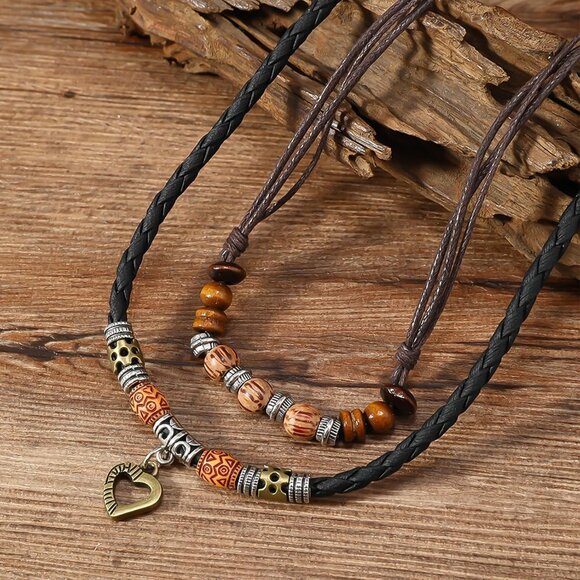 Western Layered Boho Wood Beads Choker Necklace Luck Copper Coins Heart Shaped F - Picture 2 of 7